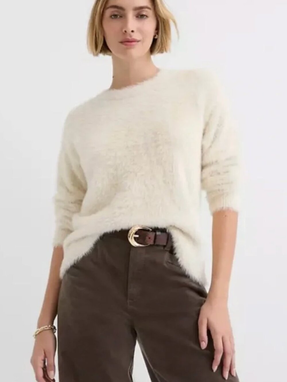 LOFT Fuzzy Crewneck Sweater in Cream